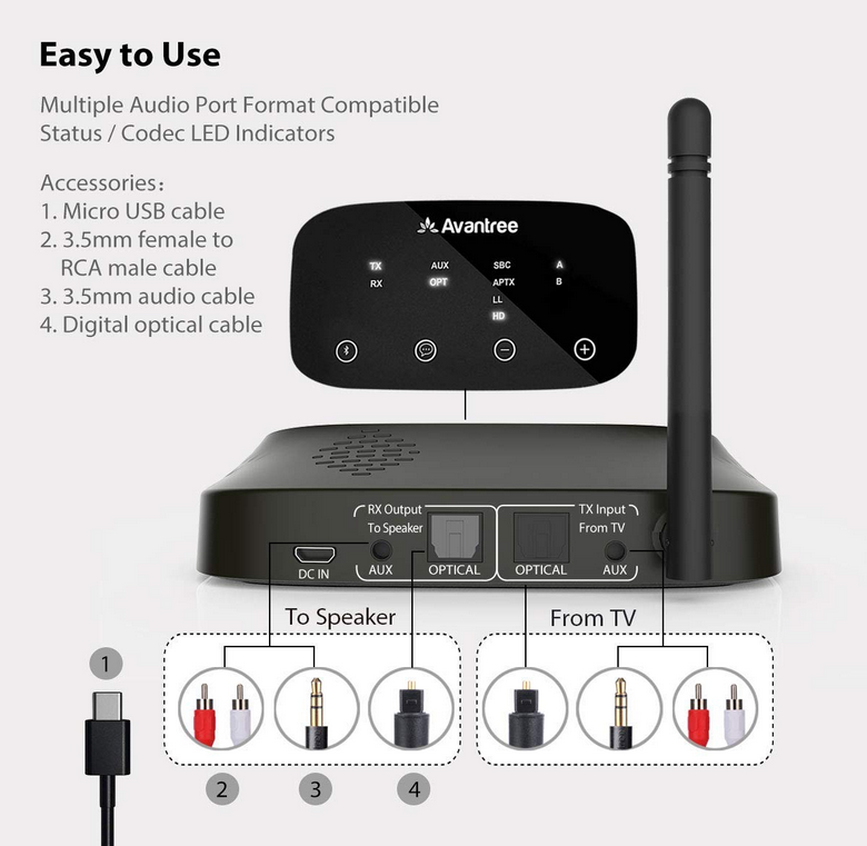 Long Range Avantree Oasis Plus Certified aptX HD Bluetooth Transmitter Receiver for TV Low Latency Wireless Audio Adapter for Headphone Voice Guide Touch Screen Splitter for Wire & Wireless 