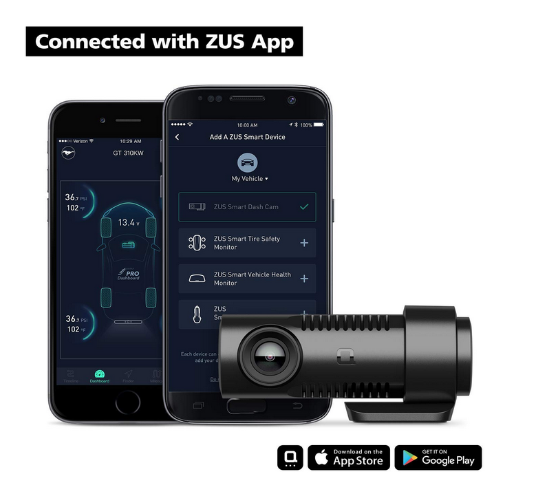 ZUS Smart Dash Cam with ZUS App, Front and Rear Cam 1080P Video, 140° Wide Angle, G-Sensor, Enhanced Night Vision, Loop Sony IMX323 Sensor, Built-in WiFi - SmarThingx